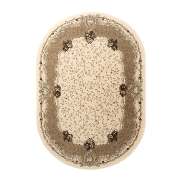 Elegant Oval Cream Oriental Rug with Floral Beige Border | Timeless Beauty